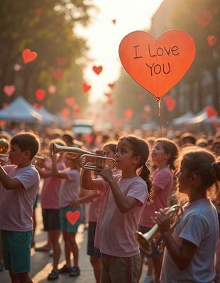 The primary subject of the image is a young girl playing a trumpet, surrounded by a crowd of people. The setting is an outdoor event, possibly a parade or a festival, with a backdrop of a city street. The visual style is a photo, capturing the moment as the girl plays her instrument. The colors and mood of the image are lively and energetic, with the girl's trumpet playing adding a sense of excitement to the scene.