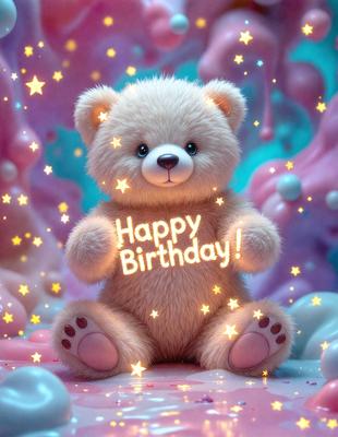 The primary subject of the image is a large, cute teddy bear. The bear is sitting on a pink surface, which is likely a part of a birthday celebration. The visual style of the image is a combination of photo and digital art, creating a unique and eye-catching scene. The colors and mood of the image are predominantly pink and happy, as it is a birthday celebration.