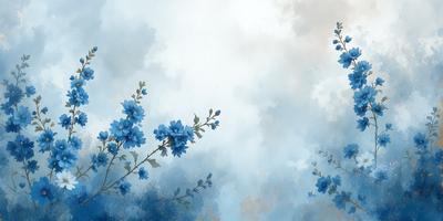 The primary subject of the image is a painting of a blue flower with green leaves. The setting is a cloudy sky, and the visual style is a digital art or illustration. The dominant colors are blue and green, creating a calm and serene atmosphere.