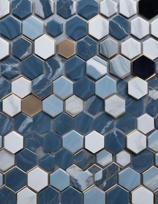 The primary subject of the image is a blue and white tile wall with a pattern of hexagons. The setting is a bathroom, and the visual style is a photo. The dominant colors are blue and white, creating a clean and calming atmosphere.