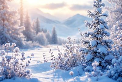 The primary subject of the image is a snow-covered pine tree. The tree is surrounded by a snowy landscape, with mountains visible in the background. The visual style of the image is a photo, capturing the beauty of the snow-covered tree and its surroundings. The colors and mood of the image are predominantly white, with the snow creating a serene and peaceful atmosphere.