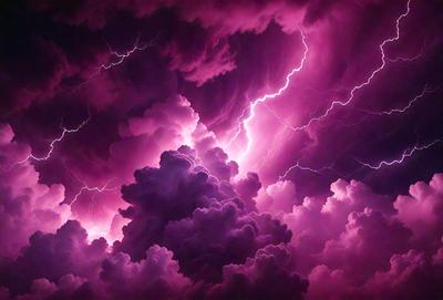 The primary subject of the image is a purple cloud with lightning bolts, creating a dramatic and intense atmosphere. The setting is a dark, stormy sky, with the cloud as the main focus. The visual style is a combination of photo and digital art, as the cloud appears to be a digital manipulation of a natural scene. The colors and mood are predominantly purple and dark, with the lightning bolts adding a sense of danger and power to the scene.