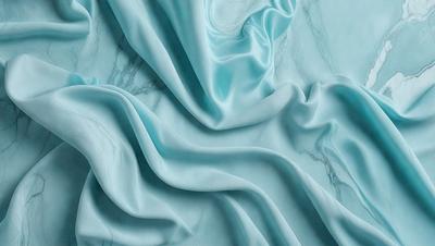 The primary subject of the image is a blue fabric, possibly a piece of silk, that is draped over a marble surface. The setting appears to be a room with a marble countertop, and the visual style is a close-up of the fabric. The colors and mood of the image are predominantly blue, creating a calm and serene atmosphere.