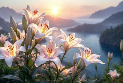 The primary subject of the image is a beautiful bouquet of white flowers, with a few orange flowers mixed in, sitting on a hillside overlooking a body of water. The setting is a picturesque landscape with a serene atmosphere. The visual style is a realistic representation of the flowers and their surroundings. The colors and mood of the image are predominantly white and orange, creating a warm and inviting ambiance.