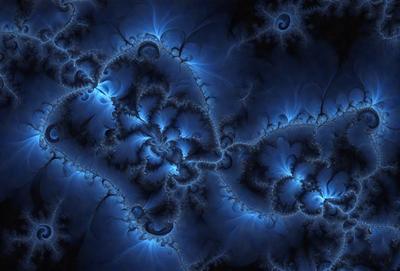 The primary subject of the image is a blue, swirling, and intricate pattern. The setting is a dark blue background, which contrasts with the vibrant blue swirls. The visual style appears to be a digital art or illustration, as the swirls are detailed and complex. The colors and mood of the image are predominantly blue, creating a sense of depth and tranquility.