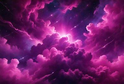 The primary subject of the image is a purple cloud with bright pink stars in the background. The setting appears to be a space with a pink and purple sky. The visual style of the image is digital art, as it is a computer-generated image. The dominant colors in the image are purple and pink, creating a vibrant and lively atmosphere.
