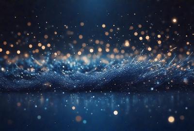 The primary subject of the image is a blue background with a pattern of bright, shining lights. The setting appears to be a dark room, and the visual style is a combination of a photo and digital art. The colors and mood of the image are predominantly blue and bright, creating a sense of depth and a visually appealing atmosphere.