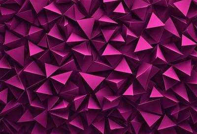 The primary subject of the image is a large, purple wall covered in a pattern of triangles. The setting is a room with a purple background, and the visual style appears to be a combination of digital art and illustration. The dominant colors in the image are purple and pink, creating a warm and inviting atmosphere.