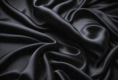 The primary subject of the image is a close-up of a black fabric, possibly a piece of silk or velvet. The setting is a dark background, which emphasizes the fabric's texture and color. The visual style is a detailed, up-close view of the fabric, showcasing its intricate patterns and textures. The colors and mood of the image are predominantly dark, with the black fabric serving as the focal point and creating a sense of luxury and sophistication.