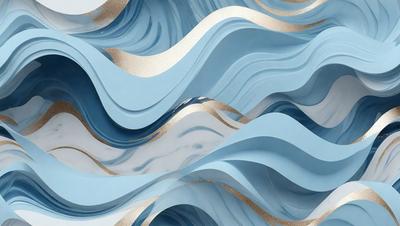 The primary subject of the image is a blue and gold patterned wallpaper. The setting is a room with a blue and gold wallpapered wall. The visual style is a digital art or illustration, creating a unique and eye-catching design. The dominant colors are blue and gold, giving the wallpaper a luxurious and elegant appearance.