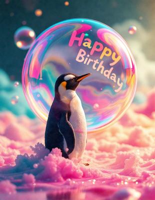 The primary subject of the image is a penguin standing in front of a large, colorful bubble. The bubble is pink and blue, and it appears to be floating in the air. The penguin is positioned in the center of the scene, and it seems to be looking at the bubble. The setting is a whimsical and playful environment, likely created through digital art or illustration. The visual style is vibrant and lively, with the pink and blue bubble being the main
