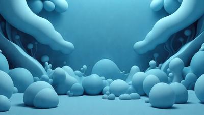 The primary subject of the image is a blue, cloud-like environment with a variety of blue and white spheres scattered throughout the scene. The setting appears to be a futuristic, digital art-like space. The visual style is a combination of digital art and illustration, creating a unique and captivating atmosphere. The dominant colors are blue and white, giving the scene a calm and serene mood.