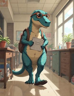 The primary subject of the image is a cartoon dinosaur, specifically a blue alligator, holding a clipboard. The setting is an office environment, with a desk and a potted plant visible in the background. The visual style is a digital art or illustration, giving the image a colorful and lively atmosphere.