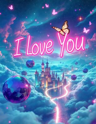 The primary subject of the image is a heart-shaped balloon with the words "I Love You" written on it. The balloon is floating in a cloudy sky, surrounded by a few other balloons. The setting is a whimsical, dreamy atmosphere, with the heart balloon as the focal point. The visual style is a combination of digital art and illustration, creating a vibrant and colorful scene. The colors and mood are predominantly pink and purple,
