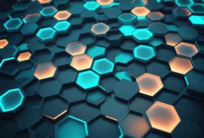 The primary subject of the image is a blue and green patterned surface, which appears to be a honeycomb-like design. The setting is a blue and green background, creating a visually appealing contrast. The visual style is a combination of digital art and illustration, with the blue and green colors giving the image a vibrant and lively atmosphere.