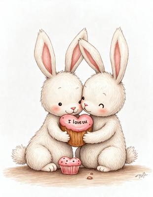 The image features two white bunnies sitting next to each other, with one of them holding a pink cupcake. The bunnies are positioned in front of a pink background, which adds a playful and cheerful atmosphere to the scene. The visual style of the image is a combination of digital art and illustration, creating a whimsical and adorable scene.