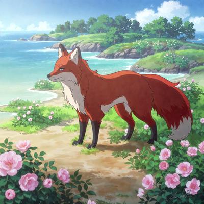 The primary subject of the image is a red fox standing on a grassy field near a body of water. The setting includes a beach and a forest in the background. The visual style is an animated illustration, giving the scene a lively and vibrant atmosphere. The dominant colors are red, green, and blue, with the red fox being the most prominent feature in the image.