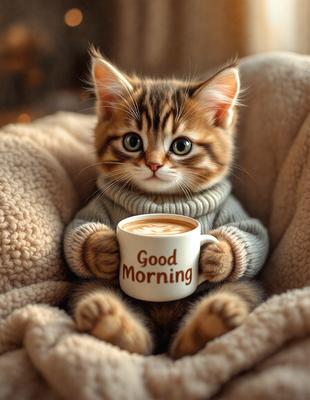 The primary subject of the image is a small kitten sitting on a couch. The kitten is holding a cup of coffee, which is a prominent feature in the scene. The setting is indoors, with the couch being the main background element. The visual style of the image is a photo, capturing the kitten and the coffee cup in a realistic manner. The colors in the image are predominantly brown and white, giving the scene a warm and cozy atmosphere.