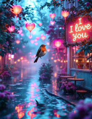 The primary subject of the image is a small bird perched on a wire. The bird is surrounded by a beautiful and colorful environment, featuring a street lined with pink flowers and a lit-up sign. The setting appears to be a nighttime cityscape, with the bird flying over a wet street. The visual style of the image is a combination of photo and digital art, creating a vibrant and lively atmosphere. The dominant colors in the image are pink and purple, which contribute to the overall mood