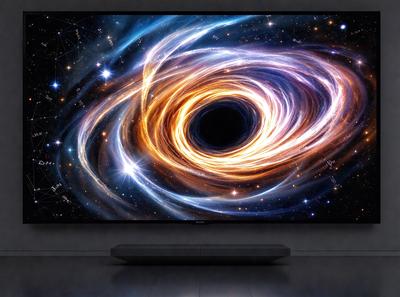 The primary subject of the image is a large flat screen TV displaying a vibrant and colorful image of a black hole. The setting is a room with a black background, which emphasizes the striking visuals of the black hole. The visual style is a combination of digital art and illustration, creating a captivating and immersive experience for the viewer. The colors and mood of the image are predominantly dark and dramatic, with the black hole being the focal point and the center of attention.