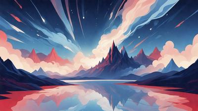 The primary subject of the image is a mountain, which is prominently featured in the foreground. The mountain is surrounded by a beautiful landscape, including a lake and a sky filled with stars. The setting appears to be a serene and picturesque environment, perfect for outdoor activities or relaxation. The visual style of the image is a combination of digital art and illustration, creating a vibrant and captivating scene. The colors and mood of the image are predominantly blue and purple, giving the impression of