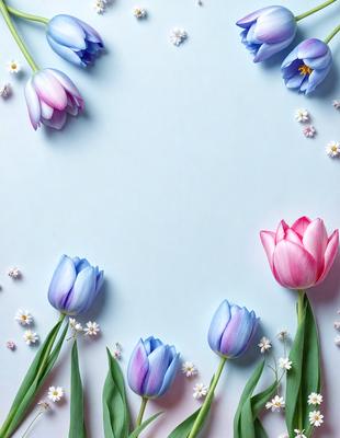The primary subject of the image is a bouquet of pink and blue flowers. The flowers are arranged in a visually appealing manner, with some of them placed on a white wall. The setting appears to be a studio or a controlled environment, as the flowers are carefully positioned and the background is clean and uncluttered. The visual style of the image is a combination of photo and digital art, creating a vibrant and artistic representation of the flowers. The dominant colors in the image are pink and blue, which