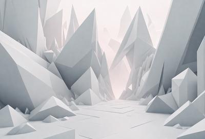 The primary subject of the image is a white mountain range with a few peaks. The setting is a white, rocky landscape with a few peaks and a valley. The visual style is digital art, as the image is a 3D digital artwork. The colors and mood are predominantly white, giving the scene a clean and minimalistic appearance.