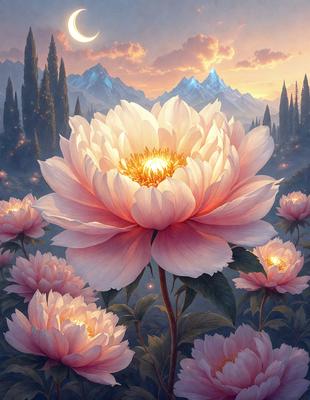 The primary subject of the image is a large, beautiful white flower with a yellow center, surrounded by a field of smaller flowers. The setting is a lush, green garden with a mountainous background. The visual style is a painting, which creates a serene and peaceful atmosphere. The dominant colors are white, yellow, and various shades of green, contributing to a sense of freshness and natural beauty.