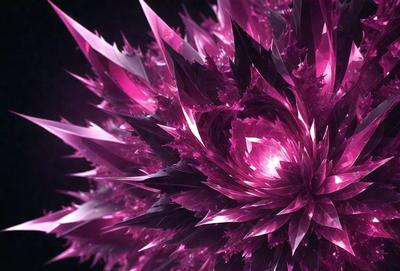 The primary subject of the image is a large, pink, purple, and black flower. The flower is the main focus of the image, and it is set against a dark background. The visual style of the image is a combination of photo and digital art, creating a unique and intricate design. The dominant colors of the image are pink, purple, and black, giving the flower a vibrant and striking appearance. The overall atmosphere of the image is one of beauty and creativity, as the flower stands out against the