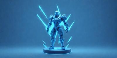 The primary subject of the image is a robot figure, which is the main object, scene, or focus of the image. The robot is standing on a blue surface, which serves as the setting or background. The visual style of the image is digital art, as it is a digital illustration of the robot. The dominant colors in the image are blue and silver, creating a futuristic and technological atmosphere.