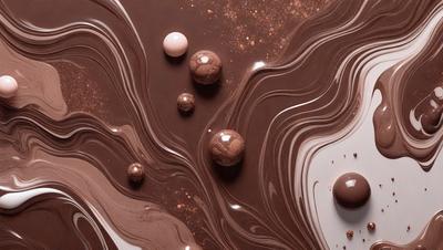 The primary subject of the image is a close-up of a chocolate fountain with chocolate drizzled all over it. The setting is a table with a white surface, and the visual style appears to be a photo. The colors in the image are predominantly brown, and the overall atmosphere is rich and indulgent.