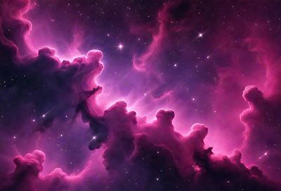 The primary subject of the image is a purple nebula with a pink background. The setting is a space filled with stars, creating a vibrant and colorful atmosphere. The visual style is a combination of a photo and digital art, as it captures the beauty of the nebula and its surroundings. The dominant colors are purple and pink, giving the image a warm and inviting mood.