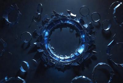 The primary subject of the image is a large, blue, circular object with a hole in the center. The setting is a dark background, which contrasts with the bright blue color of the circular object. The visual style appears to be a combination of digital art and illustration, creating a unique and intriguing design. The colors and mood of the image are predominantly dark and moody, with the blue circular object standing out as the main focal point.