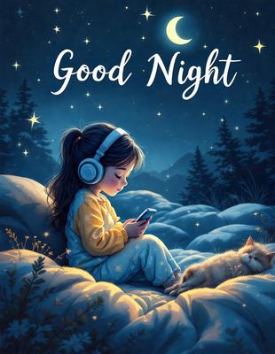 The primary subject of the image is a young girl sitting on a bed, wearing headphones and looking at her cell phone. The setting is a cozy bedroom, with a bed and a cat lying on it. The visual style is a digital art illustration, creating a warm and inviting atmosphere. The colors are predominantly soft and pastel, with the girl's outfit and the cat's fur being the main focus.