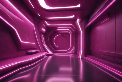 The primary subject of the image is a long, narrow hallway with a pink color scheme. The setting is a futuristic environment, possibly a space station or a futuristic building. The visual style is a combination of photo and digital art, creating a unique and intriguing atmosphere. The dominant colors are pink and purple, giving the hallway a futuristic and surreal appearance.