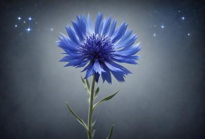 The primary subject of the image is a single blue flower, which is the main focus of the scene. The setting is a gray background, which provides a contrasting and neutral backdrop for the flower. The visual style of the image is a close-up of the flower, showcasing its details and beauty. The dominant colors in the image are blue and gray, creating a calm and serene atmosphere.