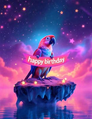 The primary subject of the image is a colorful parrot sitting on a rock. The parrot is wearing a pink sign that reads "Happy Birthday." The setting is a purple sky, which adds a vibrant and festive atmosphere to the scene. The visual style of the image is a digital art or illustration, showcasing the parrot and the pink sign in a creative and eye-catching manner. The colors and mood of the image are predominantly purple and p