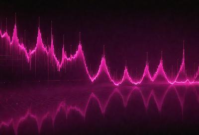 The primary subject of the image is a series of pink and purple wave patterns. The setting is a dark background, which contrasts with the vibrant colors of the wave patterns. The visual style appears to be a digital art or illustration, as the wave patterns are depicted in a stylized manner. The dominant colors in the image are pink and purple, creating a visually striking and calming atmosphere.