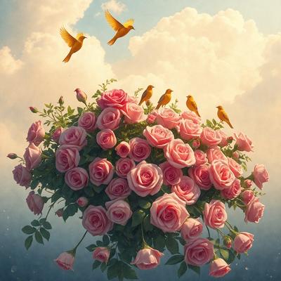 The primary subject of the image is a bouquet of pink roses. The setting is a cloudy sky, and the visual style is a painting or illustration. The colors and mood of the image are predominantly pink, creating a warm and romantic atmosphere.