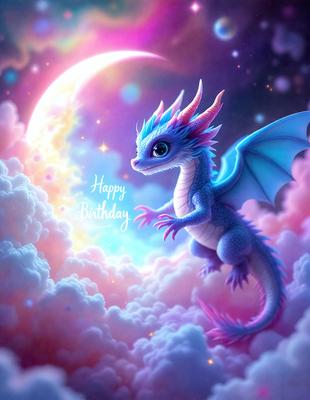 The primary subject of the image is a dragon, which is the main object, scene, or focus of the image. The dragon is standing on a cloud, which serves as the setting or background. The visual style of the image is digital art, as it is a well-crafted and detailed illustration. The dominant colors in the image are blue and pink, creating a warm and vibrant atmosphere.