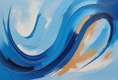 The primary subject of the image is a painting of a blue wave. The setting is a white background, and the visual style appears to be a digital art or illustration. The dominant colors in the painting are blue and white, creating a serene and calming atmosphere.