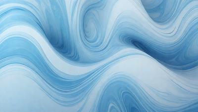 The primary subject of the image is a blue and white swirling pattern, which appears to be a painting or a digital artwork. The setting is a white wall, and the visual style is a combination of digital art and painting. The dominant colors in the image are blue and white, creating a calming and soothing atmosphere.