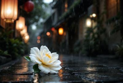 The primary subject of the image is a white flower, which is the main focus of the scene. The setting is a rainy street, with a brick surface visible in the background. The visual style of the image is a photo, capturing the beauty of the flower in the rain. The dominant colors in the image are white and gray, creating a serene and calming atmosphere.