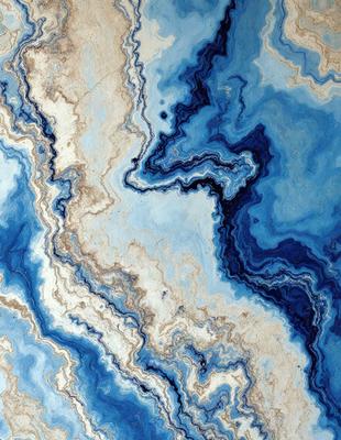 The primary subject of the image is a blue and white marbled stone. The setting is a close-up of the stone, showcasing its intricate patterns and textures. The visual style is a detailed, artistic representation of the stone, possibly as a digital art or illustration. The colors and mood of the image are predominantly blue and white, creating a sense of calmness and elegance.