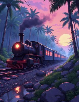 Primary subject: A black and red train with a smokestack, traveling on tracks through a jungle.

Setting/background: The train is traveling through a lush, tropical jungle with palm trees and a sunset in the background.

Visual style: The image is a hand-drawn illustration.

Colors and mood: The train is predominantly black and red, with the jungle featuring green and brown hues. The overall atmosphere is warm and inv