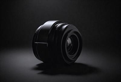 The primary subject of the image is a black lens, which is the main object in the scene. The lens is placed on a black background, creating a contrasting visual style. The lens appears to be a camera lens, and its black color and shape give it a modern and sleek appearance. The overall atmosphere of the image is dark and moody, with the black background and lens emphasizing the contrast and depth of the scene.