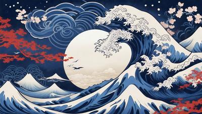 The primary subject of the image is a large wave with a moon in the background. The wave is depicted in a painting or drawing style, with a blue and white color scheme. The setting is a nighttime scene, with the moon illuminating the sky. The visual style suggests a traditional art form, such as Japanese painting or mural art. The overall atmosphere is serene and captivating, with the moon and wave creating a sense of tranquility and beauty.