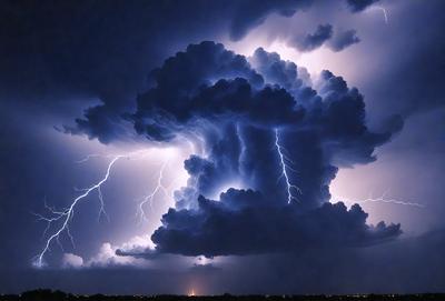 Primary subject: A cloud with lightning bolts in it.

Setting/background: The cloud is in the sky, and there are buildings visible in the background.

Visual style: The image is a photo of the cloud with lightning bolts.

Colors and mood: The cloud is dark and has a dramatic appearance, with the lightning bolts adding a sense of intensity and power to the scene.