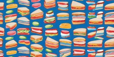 The primary subject of the image is a collection of various sandwiches, which are displayed in a pattern on a blue surface. The sandwiches come in different shapes, sizes, and colors, creating a visually appealing and diverse arrangement. The setting appears to be a creative and artistic representation of sandwiches, possibly as a part of a larger artwork or design project. The visual style of the image is a combination of digital art and illustration, with the sandwiches being depicted in a detailed and vibr