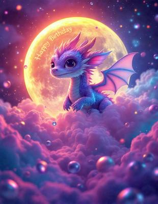 The primary subject of the image is a small dragon sitting on a cloud. The dragon is purple and has a long tail. The setting is a night sky with a moon visible in the background. The visual style is digital art, and the colors and mood are predominantly purple and pink, creating a whimsical and magical atmosphere.